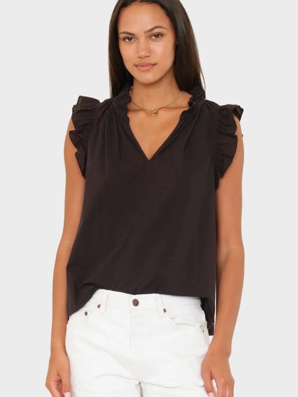 XIRENA Bex Top- Black Ruffle-Sleeve V-Neck 100% Cotton